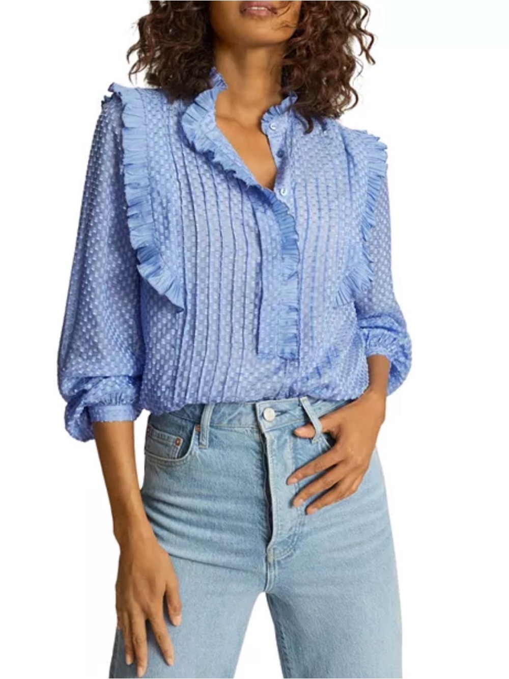 Reiss Taylor Blue Ruffle Swiss Dot Pintuck Blouse